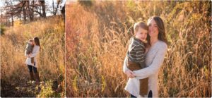 mo cuddling son for outdoor fall family photos in Barrington IL