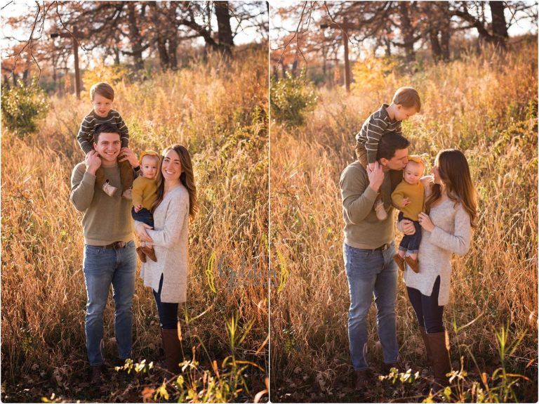 child on dad's shoulders during outdoor family photo session near Chicago IL