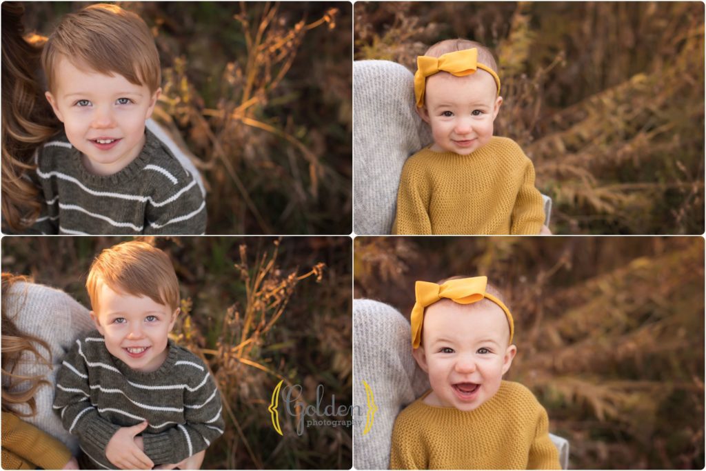 baby girl and toddler boy smiling for camera during outdoor family photo session in Lake Zurich IL