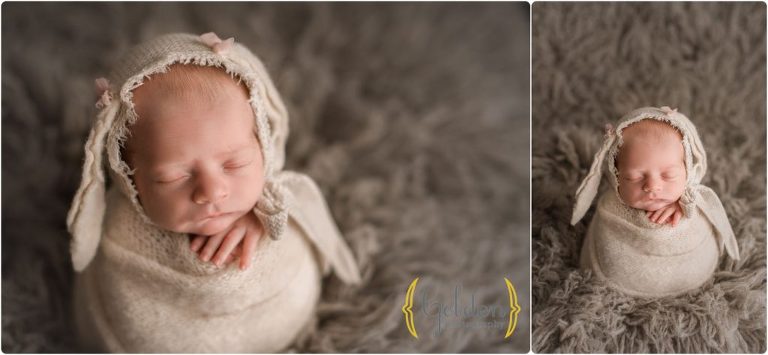 baby girl wear bunny bonnet in Chicago IL photo studio