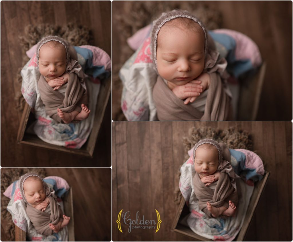 baby girl swaddled in photo studio