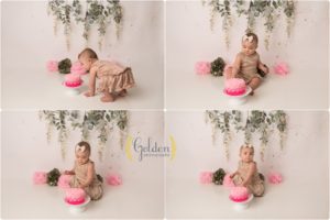 1 year old with smash cake in Lake County IL photo studio