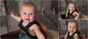 baby boy sitting in prop for photos in Lake County studio
