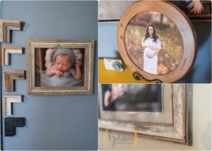 framed photos hanging in photography studio