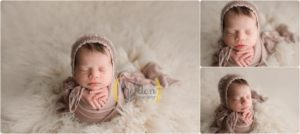baby girl wrapped in mauve