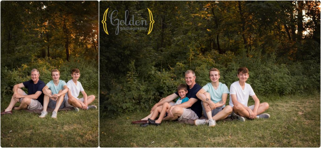 dad poses with sons for outdoor family photos near Palatine IL