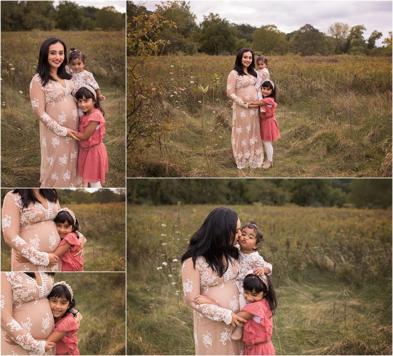 pregnant mom posing with daughters near Barrington IL