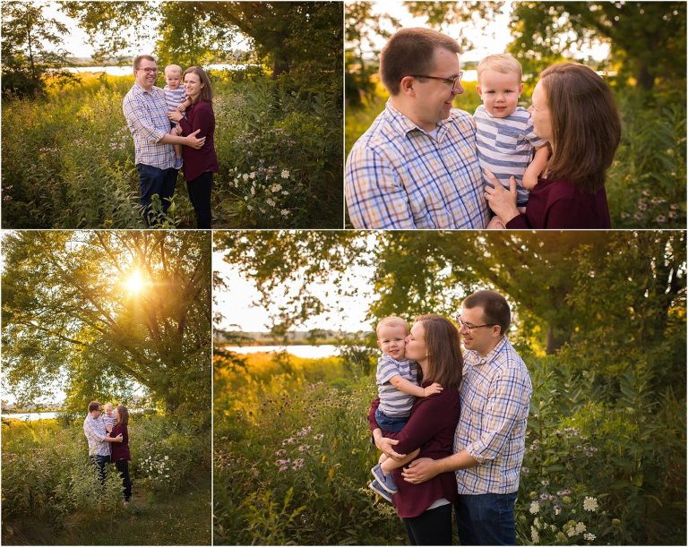 family of three at sunset with Lake Zurich family photographer