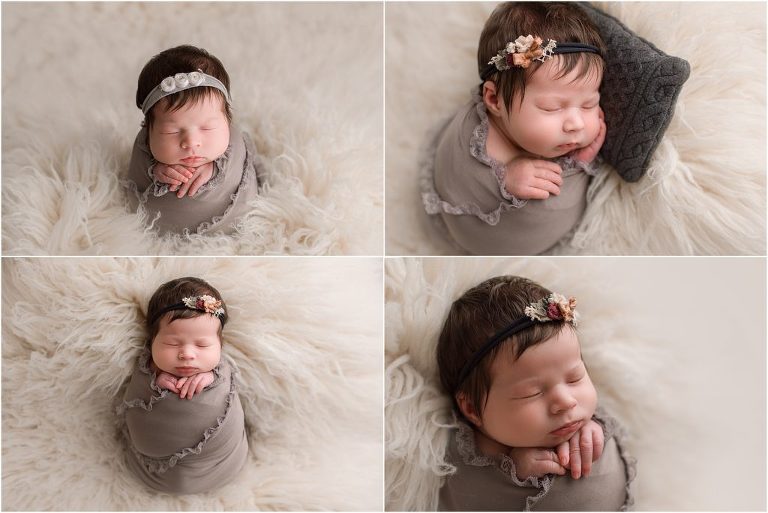 newborn girl wrapped in grey in fluffy rug inside Lake Zurich IL newborn studio