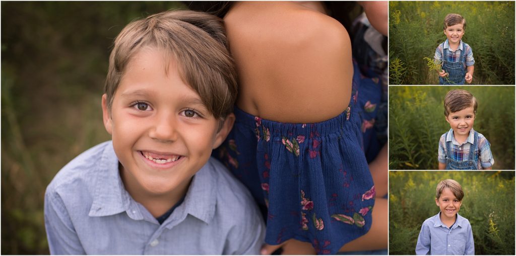 boys smiling for family photos in a field in Illinois