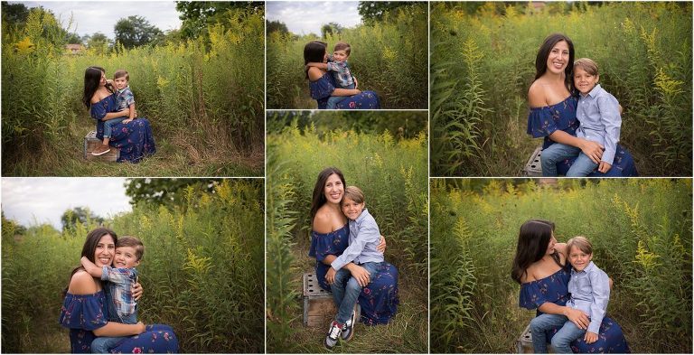 mom snuggling with son for outdoor photos near Barrington IL