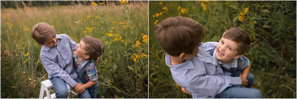 brothers hugging and playing during family photos in Lake County IL