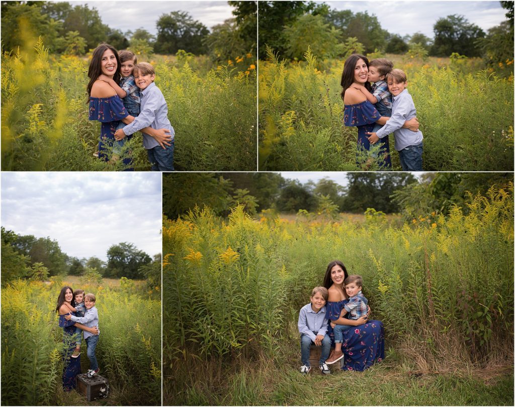 mom poing with sons in field near Lake Zurich IL