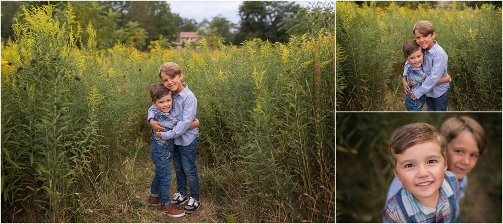 two brother hugging for spring photo session in Chicago suburbs