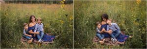 mom sitting with boys in a field during family photos in Kildeer IL