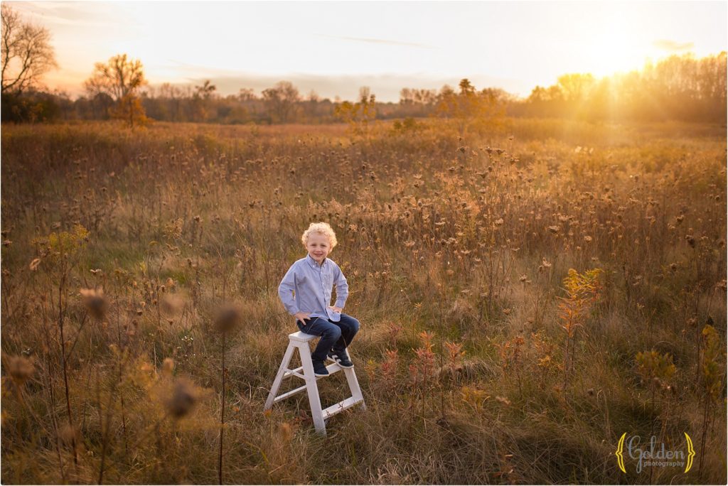 boy sitting on ladder for photos in Long Grove IL
