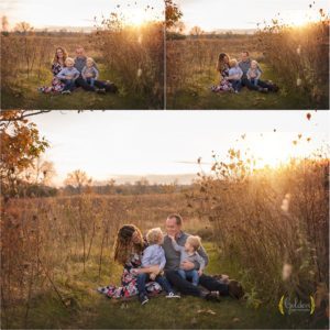 family of four sitting in a field at sunset in Long Grove IL