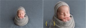baby boy swaddles in grey on blue cloth with Grayslake IL newborn photographer