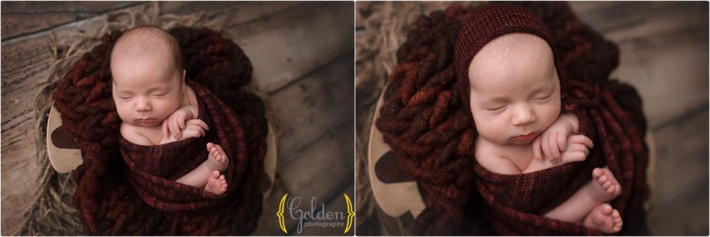 baby posed in bowl wrapped in red with Lake County IL newborn photographer