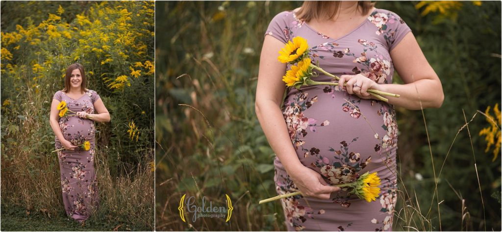 mom holding sunflowers during pregnancy photos near brrington