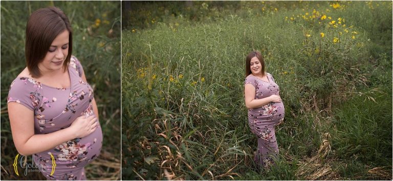 pregnant mom holding belly in a field outside Cary, Illinois