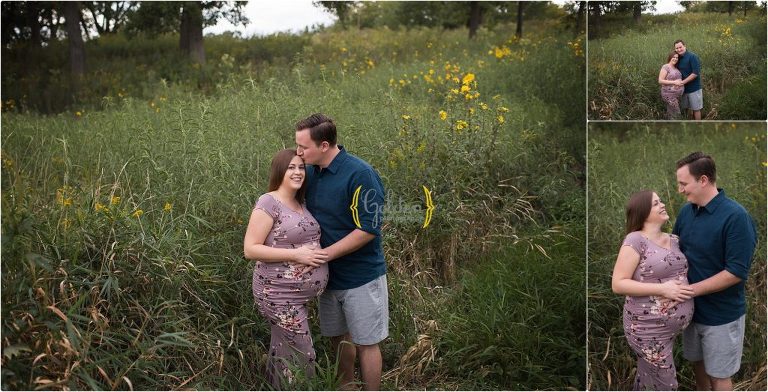 pregnant mom and her husband standing in grass for maternity photography in Lake County Illinois