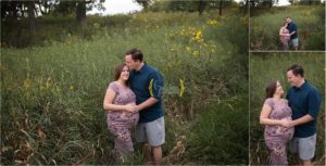 pregnant mom with husband couple standing in grass in Lake County Illinoi