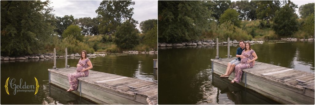 pregnant mom sitting on dock in Barrington IL