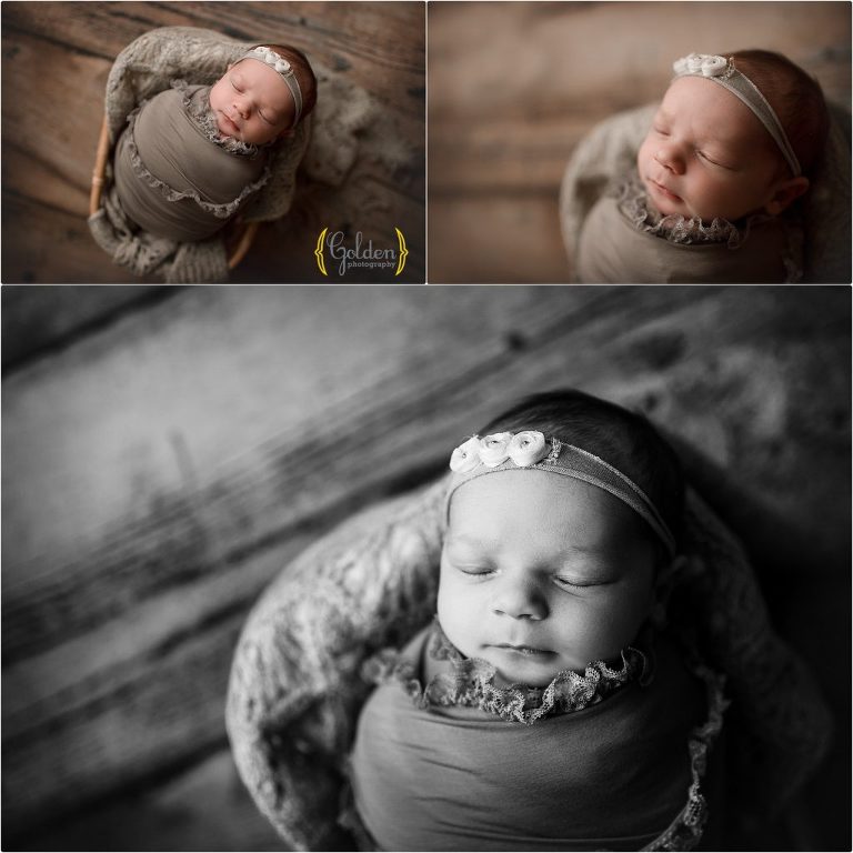 baby wrapped and sleeping for newborn photo session in Lake County Illinois