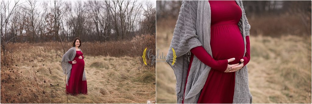 mom holds pregnant belly for maternity photos in Palatine