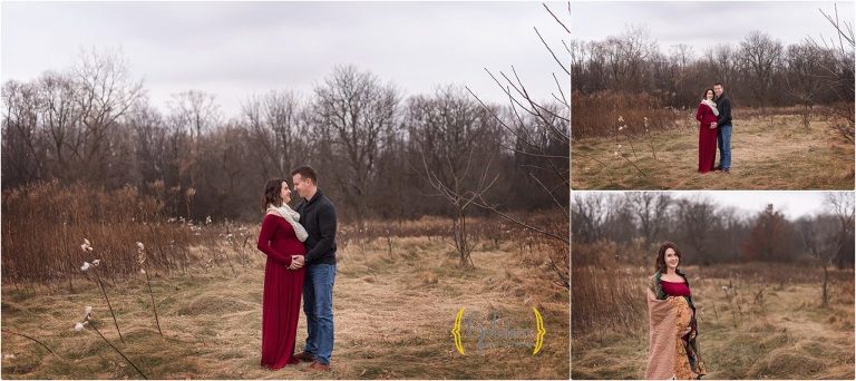 husband and wife pose for maternity photography in Palatine field
