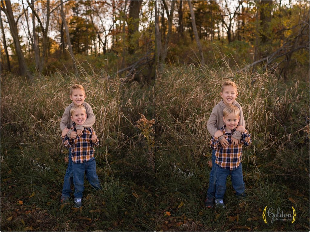 young brothers hugging at sunset near Lake County IL