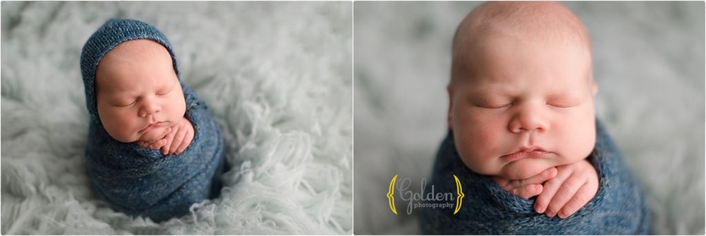 sleeping newborn wrapped in blue in Lake County newborn photography studio
