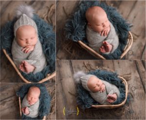 baby boy wrapped in grey in bamboo basket with Lake Zurich newborn photographer