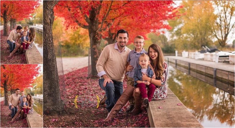 family with two boys sitting under red tree at marina in Barrington IL