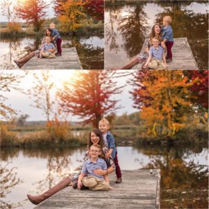 mom with two boy on a dock in Barrington IL