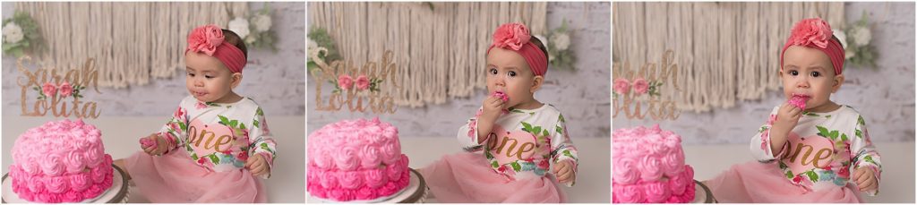 1 year old eating cake for smash phots in Lake Zurich IL