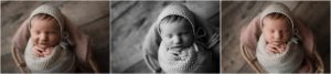 baby girl wrapped in grey during newborn photo shoot