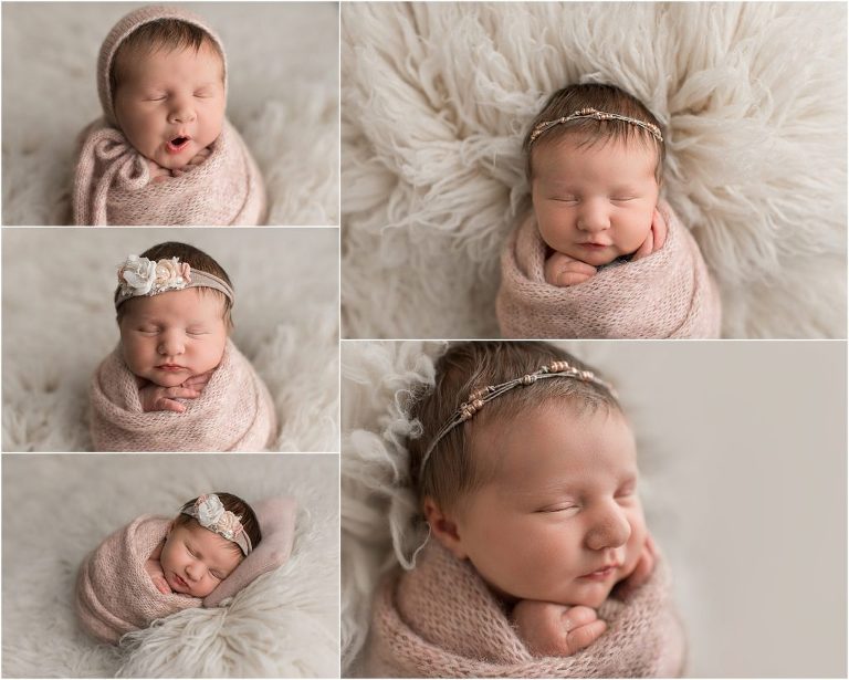 newborn baby girl wearing pink on white rug in Crystl Lake newborn photography studio