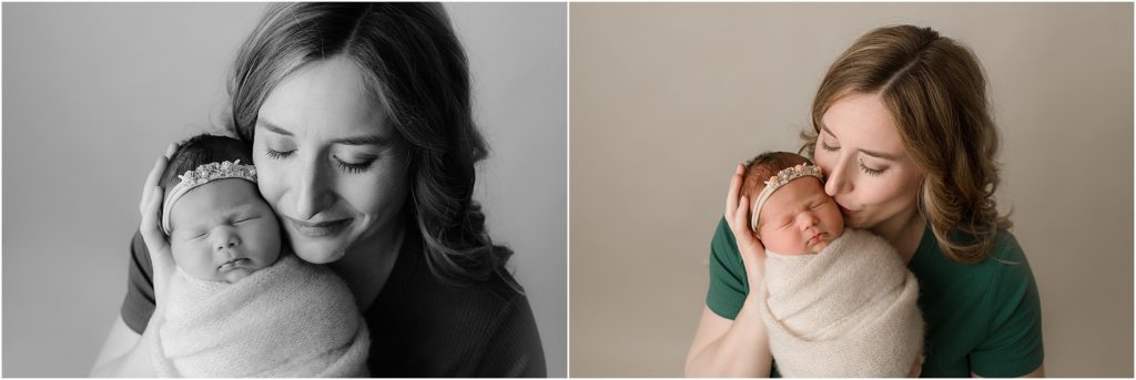 mom posed with newborn baby for photo session in Lake County IL