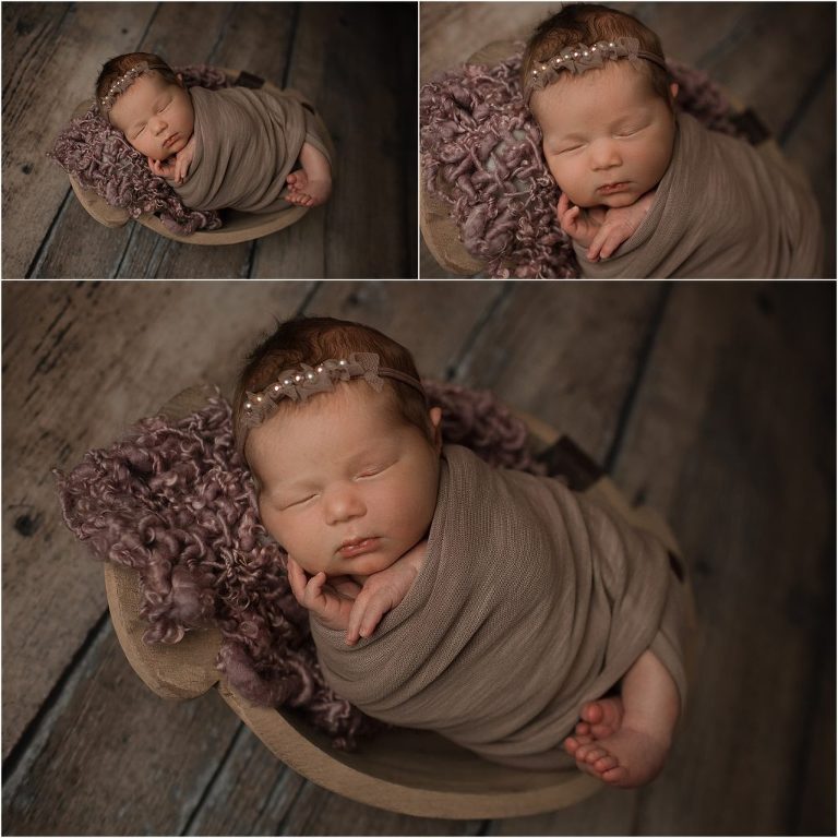 swaddled baby girl posed on bowl with newborn photographer near Vernon Hills IL
