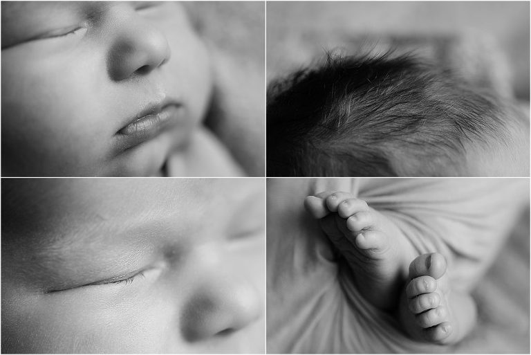 black and white macro images of newborn baby details