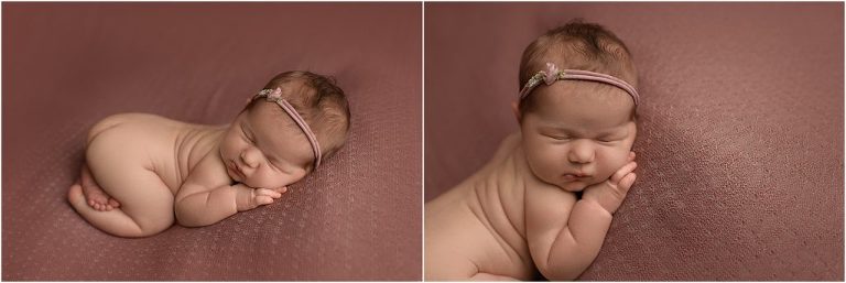 baby girl asleep on rose fabric in Vernon Hills IL newborn photo studio