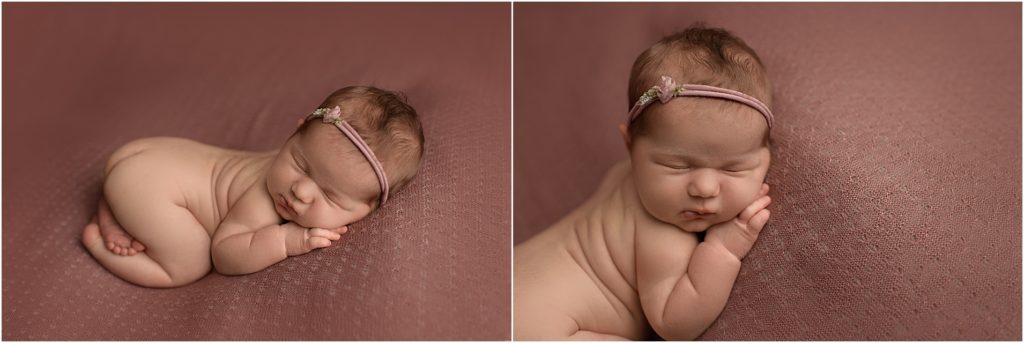 baby girl asleep on rose fabric in Vernon Hills IL newborn photo studio