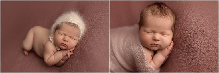 newborn girl on mauve fabric during newborn session outside Chicago