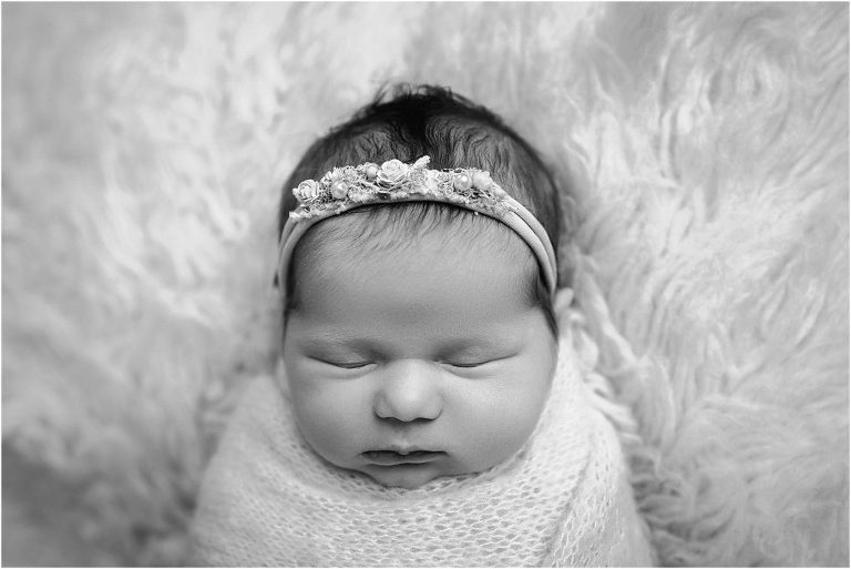black and white of newborn baby girl alseep for Vernon Hills IL newborn photographer