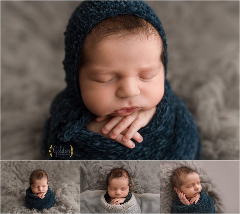 swaddled baby boy on grey fuzzy rug in Lake County IL photo studio