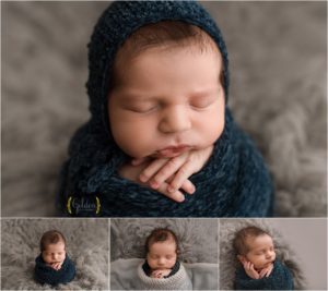 swaddled baby boy on grey fuzzy rug in Lake County IL photo studio