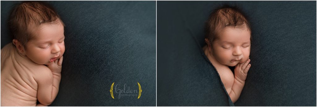 newborn sleeping on blue blanket during photo session outside Arlington Heights IL