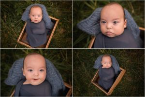 baby wrapped in blue sitting in crate dir baby photo session in Deer Park IL